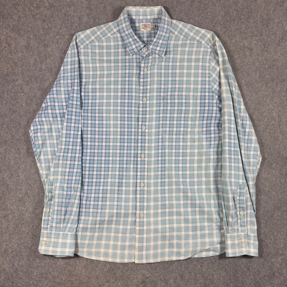 Faherty Plaid Button Down Mens Large Blue White Cotton Long Sleeve Shirt Western